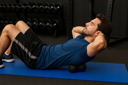 Roller podwójna piłka do masażu punktowego 12 cm czarno - niebieska