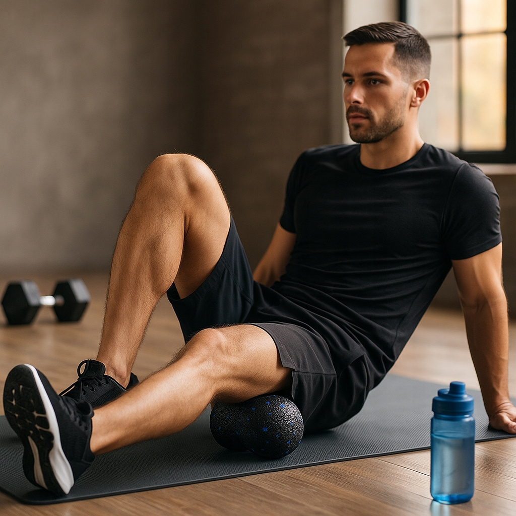 Roller podwójna piłka do masażu punktowego 12 cm czarno - niebieska