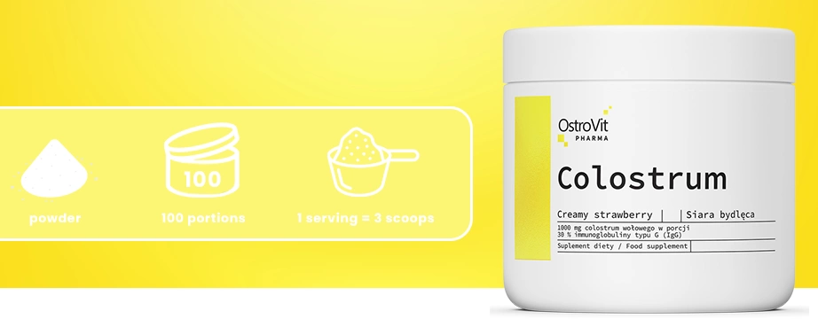 OstroVit Pharma Colostrum 100 g o smaku kremowej truskawki